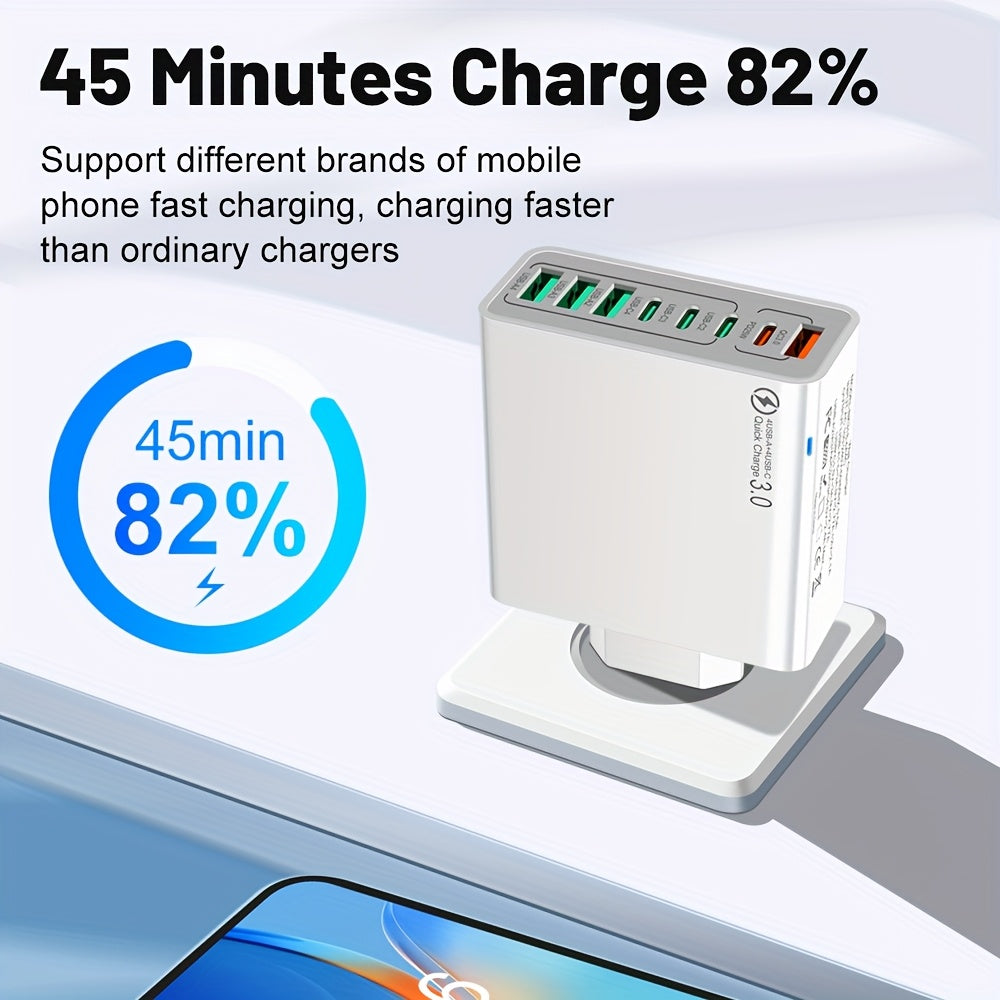8-Port PD+QC 3.0 Fast Charger Set with Usb/Type-C, Including a Type-C to Type-C Cable. This High-Performance Charging Station Is a Reliable Power Adapter for Home Users And Workspace Additions