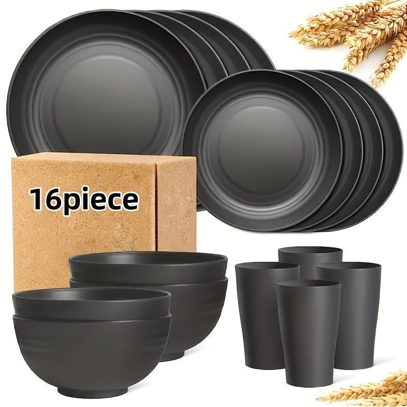16/32Pcs Wheat Straw Plastic Tableware Set 4/8 Person Unbreakable Dinner Plate Dessert Plate Cereal Bowl Cup Outdoor Camping Family Birthday Party Tableware