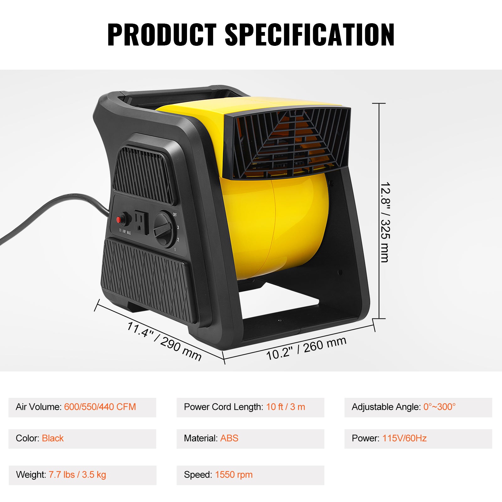 VEVOR Pivoting Utility Fan, 600 CFM High Velocity Floor Blower for Drying, Cooling, Ventilating, Exhausting, 300° Blowing Angle Air Mover, Portable Carpet Dryer Fan for Home, Workshop
