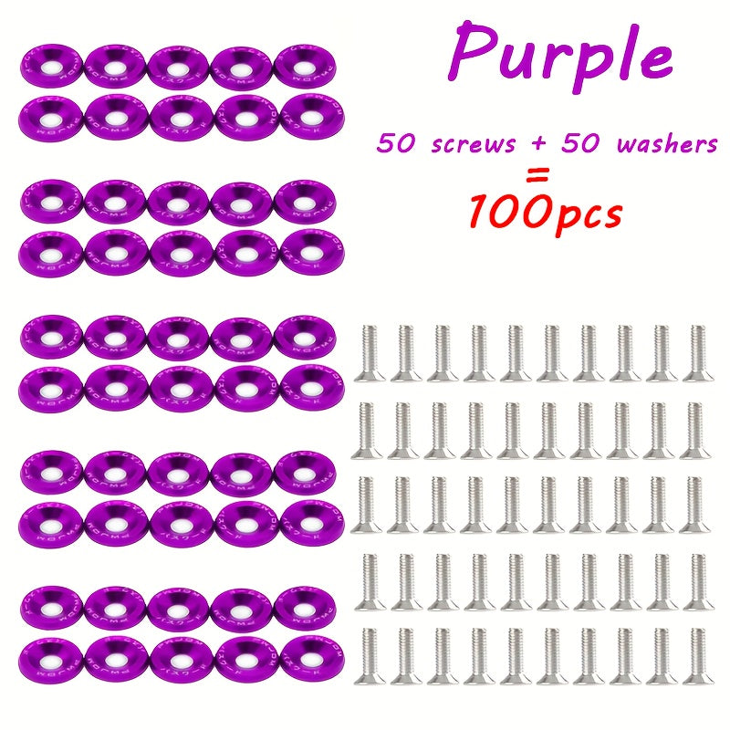 100pcs Aluminum Alloy M6×50 Car Modification Decorative Bolts, Fender/License Plate/Engine Bay Decorative Nuts, Multiple Colors Available, DIY License Plate Fasteners for Car Modification