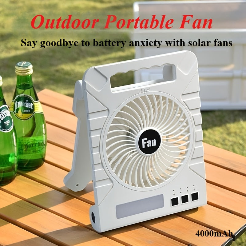 Portable Solar Fan Light for RV, Power Bank with LED Lighting, Type-C + Solar Charging Lithium Battery Fan, Outdoor Camping Fan for RV