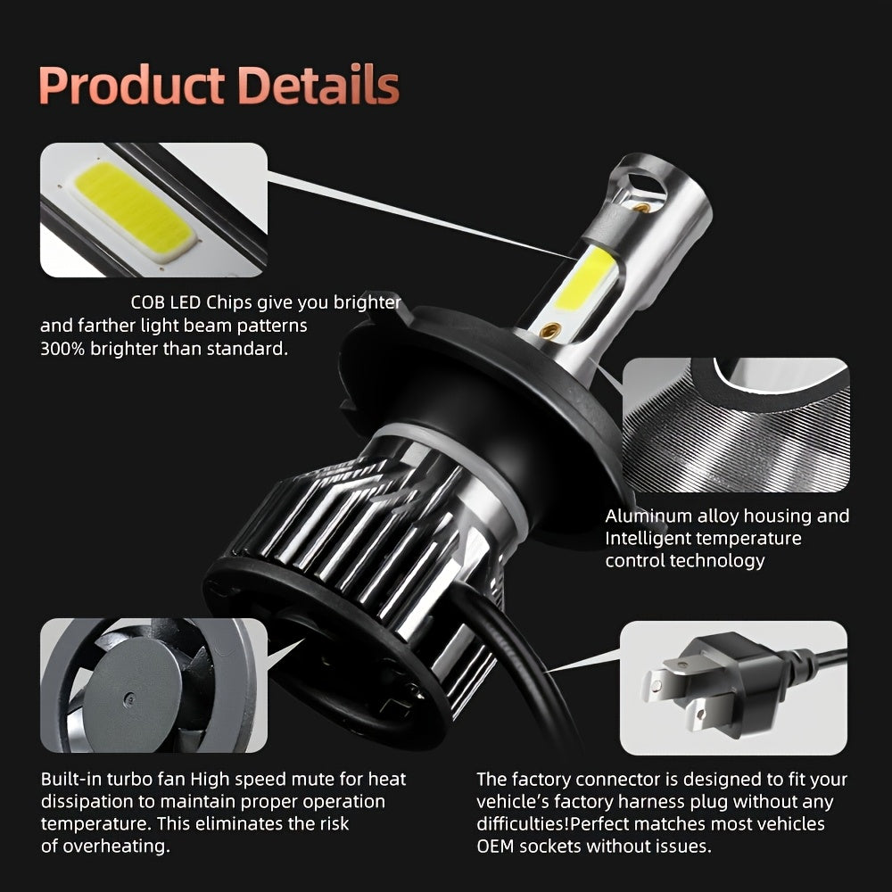 1pc KINGSOFE H4 LED Motorcycle/Car Headlight Bulb - Super Bright 30000 Lumens 6500K Cool White High/Low Beam Integrated with Cooling Fan, Plug-and-Play All-in-One Headlight, Suitable for Motorcycles, ATVs, Trucks, Scooters, Utility Vehicles