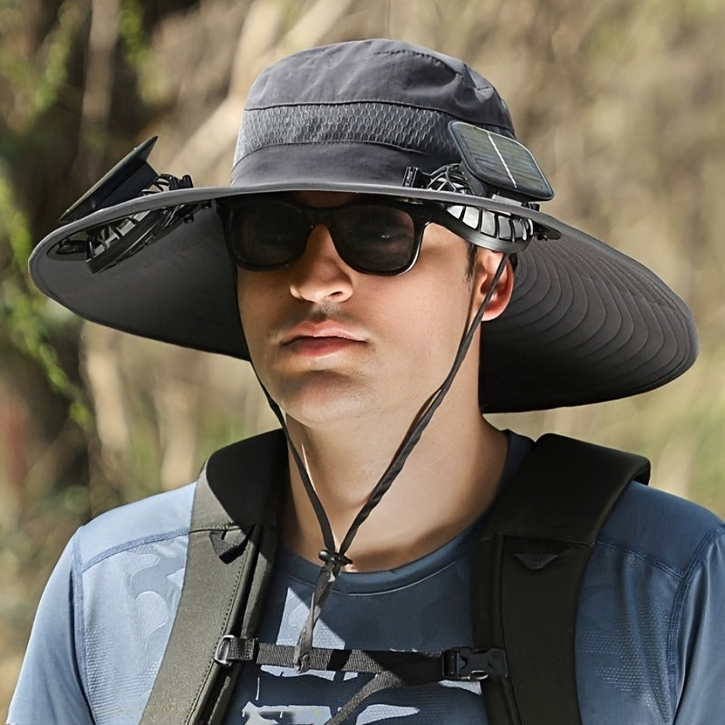 Solar Fan Sun Hat, Rechargeable with Charging Port, Summer Outdoor Wide Brim Bucket Hat, Adjustable Chin Strap, Breathable Mesh, Perfect for Outdoor Sports and Beach Activities