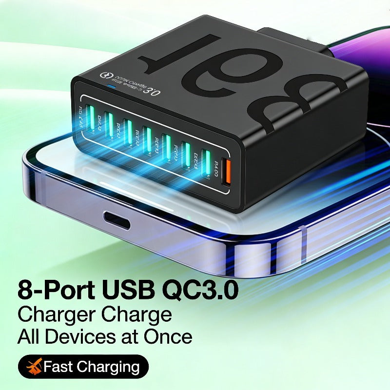 8-USB Smart Charger with QC3.0+PD Fast Charging Compatible for iPhone 17/16/15/14/13/12/11/XS/XR/Plus & Samsung, Voltage Adapter (-240) for Home & Travel, Smart Device Charging Station for Smartphones/Tablets/Electronics