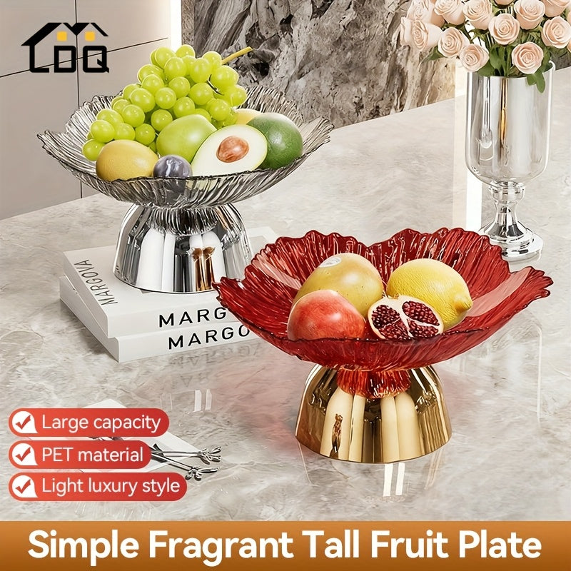LDQ Elegant Oval Fruit & Snack Stand with Tray - Large Capacity Leaf-Shaped Rim, Sturdy Lightweight Plastic Party Tray, for Kitchen, Dessert Table, Wedding, Party - Space-Saving Multi-Functional Fruit Bowl & Event Utility (Pet-Friendly)