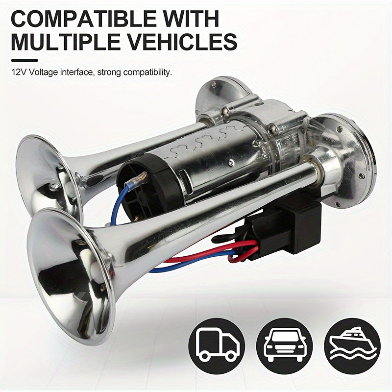 Large Truck Horn 12V High-Low Heavy Bass Super Loud Train Sound Boat Sound Air Horn Marine Dual Trumpet Horn with Built-in Air Compressor, Suitable for Ships, Cars, Trucks, Jeeps and Other 12V Vehicles