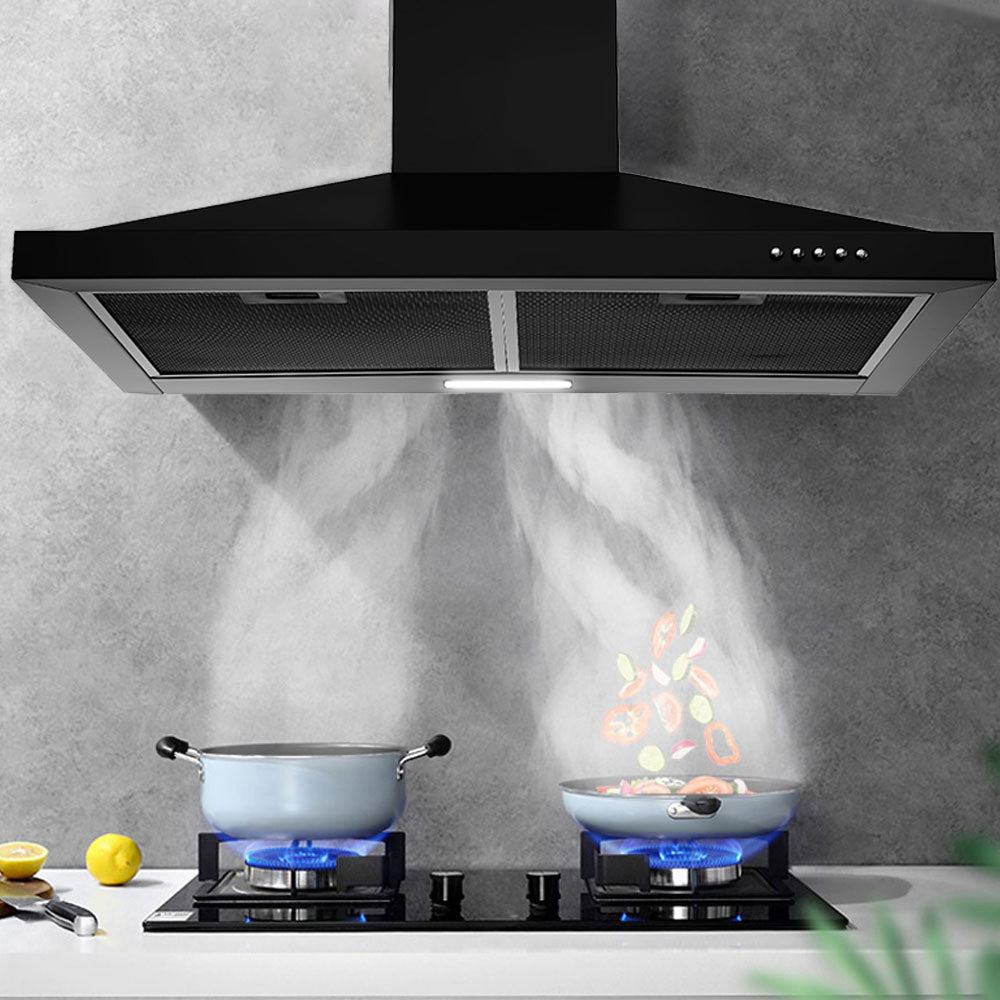 Wall-Mounted Range Hood – 24 Inches, Stainless Steel Stove Vent, Aluminum Filter, 3-Speed Exhaust Fan, LED Light, Push-Button Control, Black Finish
