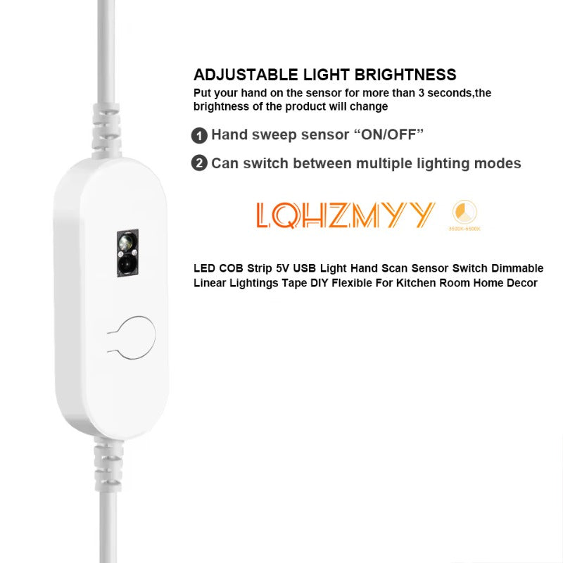 LQHZMYY 手扫感应LED灯带，带追逐灯光模式，USB供电COB智能，可裁剪，暖白/白光可选，适用于天花板/墙面、床头、橱柜、走廊