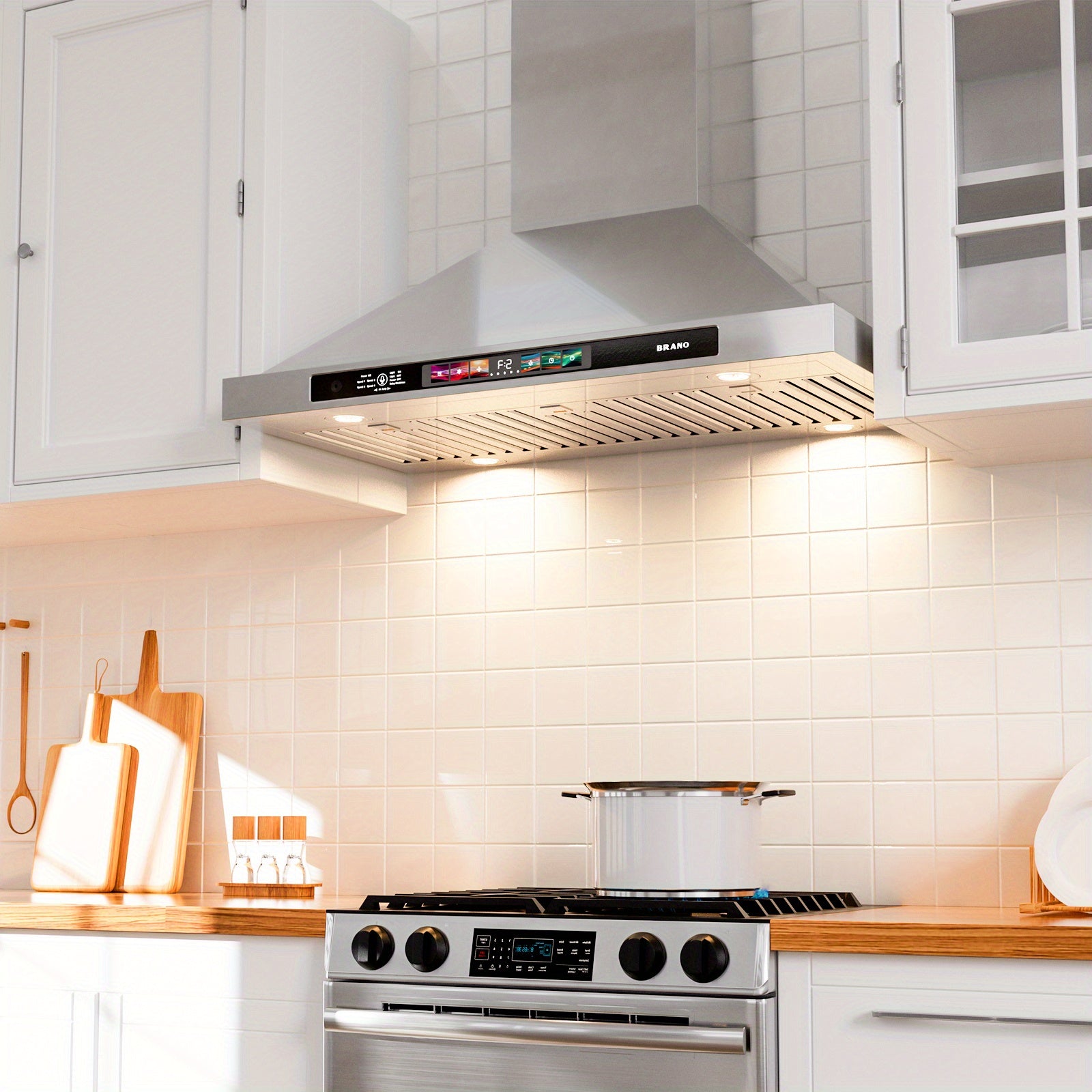 36-Inch Wall-Mounted Range Hood, 900 CFM, with Voice/Gesture/Touch Control, Stainless Steel Kitchen Exhaust Hood, 4-Speed Exhaust Fan, Adjustable LED Light, Memory Mode