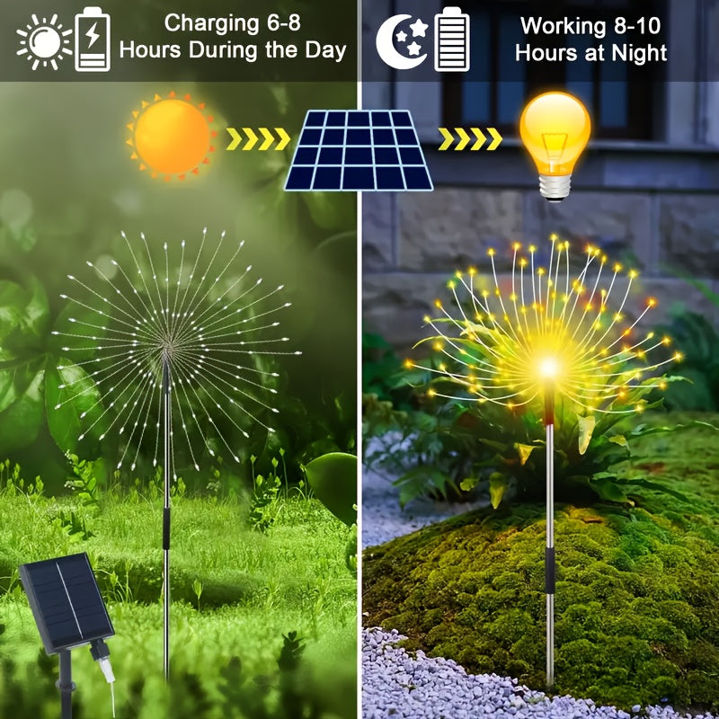 FACHOI 8件套-480LED太阳能烟花灯带智能光感器 4件套-240LED 适用于户外庭院、步道、露营、派对、婚礼、圣诞节和聚会 具有8种照明模式：白色/暖白色/多彩