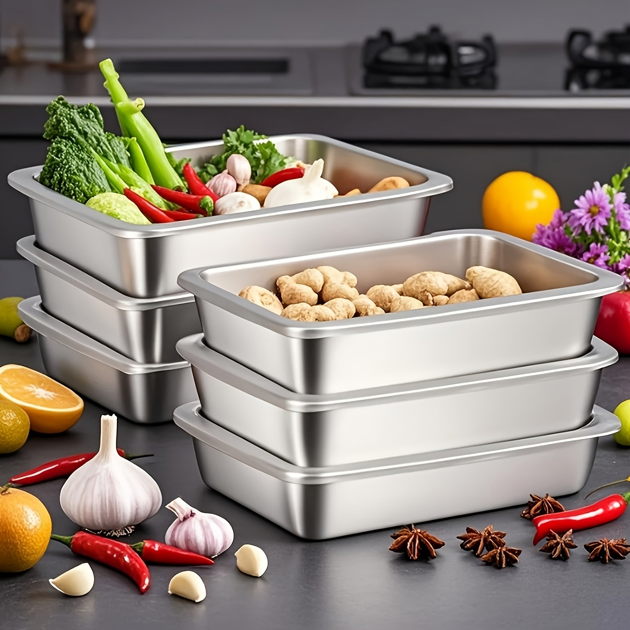 Buy 3 Get 2 Free: 5-Piece Premium Stainless Steel Food Storage Containers – With Lids, Stackable & Easy to Clean – Perfect for Picnics, Meal Prep & Fridge Organization