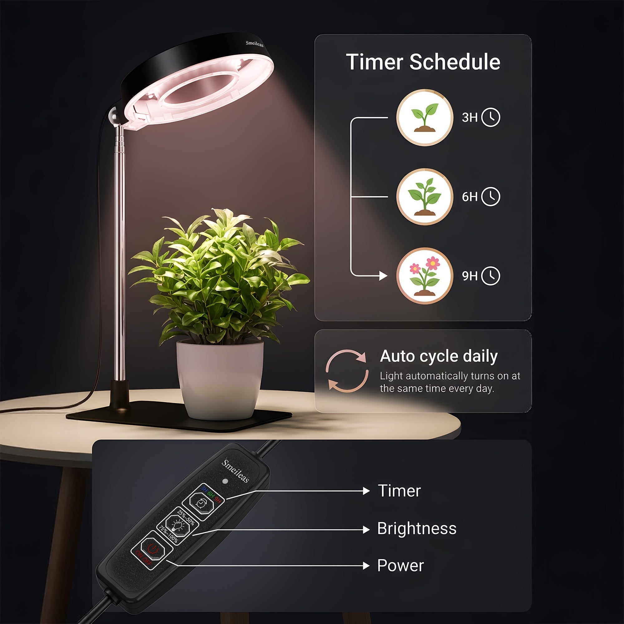 2-Pack Smeileas Seedling Grow Light (with Base), Full Spectrum Supplemental Light, 3/6/9H Auto Timer, 4-Level Dimmable, 360° Magnetic Lamp Head, for Indoor Cilantro, Aloe, Strawberry & Small Plants