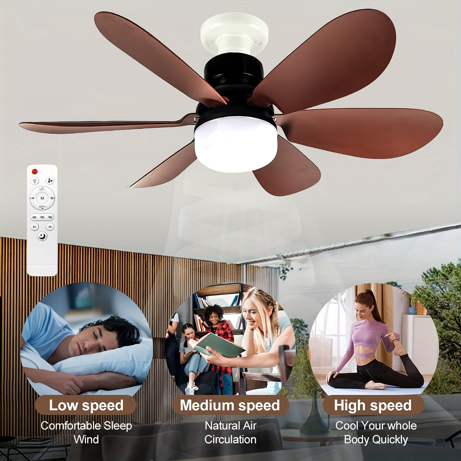 Smart Brown Ceiling Fan Light with Remote, Dimmable LED 3-Color Lighting, 3 Wind Speeds, 6-Blade Fan Light, E27/E26 Base Hardwired, Ideal for Kids' Room, Bedroom, Kitchen, Study, Brown Flush Mount Fan Light.