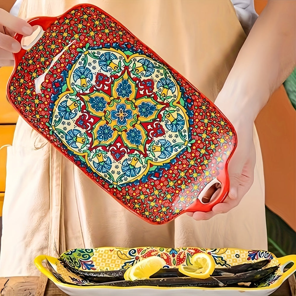 1 Piece Ceramic Bohemian Style 12.8-Inch Fish Plate with Double Handles – Kitchen Serving Platter – Rectangular Baking Dish Safe for Microwave & Oven