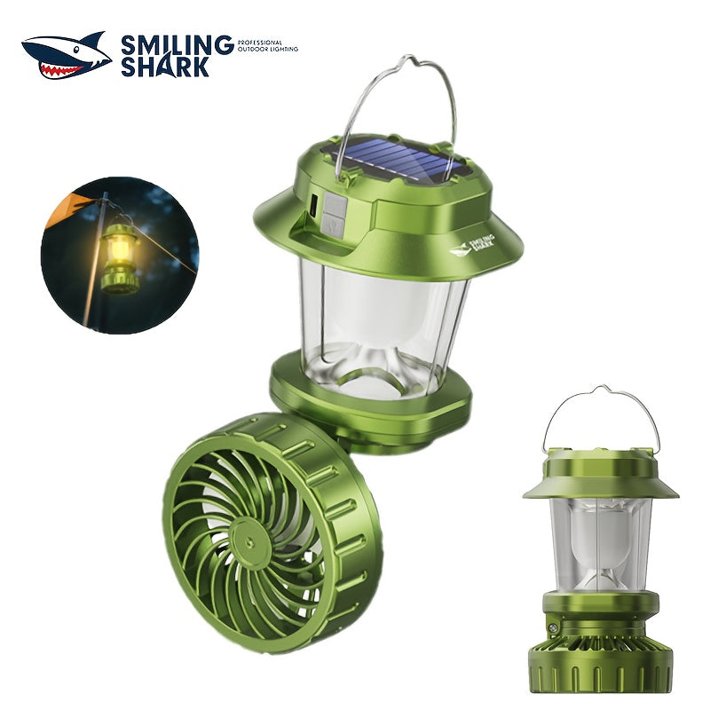 1 Smiling Shark Rechargeable Fan Light - Type-C Solar Charging, 5 Modes LED Flashlight & Cooling Fan, Built-in Lithium Battery, Portable Camping Lantern, Ideal for Tent, Outdoor, Hiking, Emergency (Power Supply)