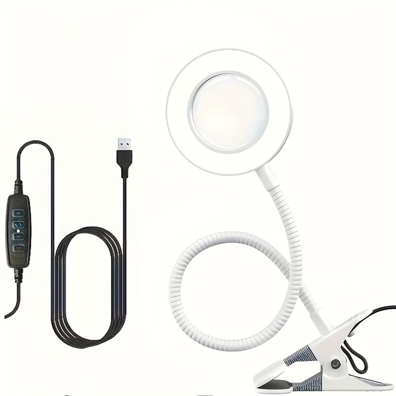 48 LED beads, diamond painting magnifying desk lamp with clip, 50cm adjustable gooseneck fill light, 3 color temperatures (cool white/neutral/warm yellow), 5-7W USB-powered craft light, 2-meter long cord, push-button switch, 9cm large lens