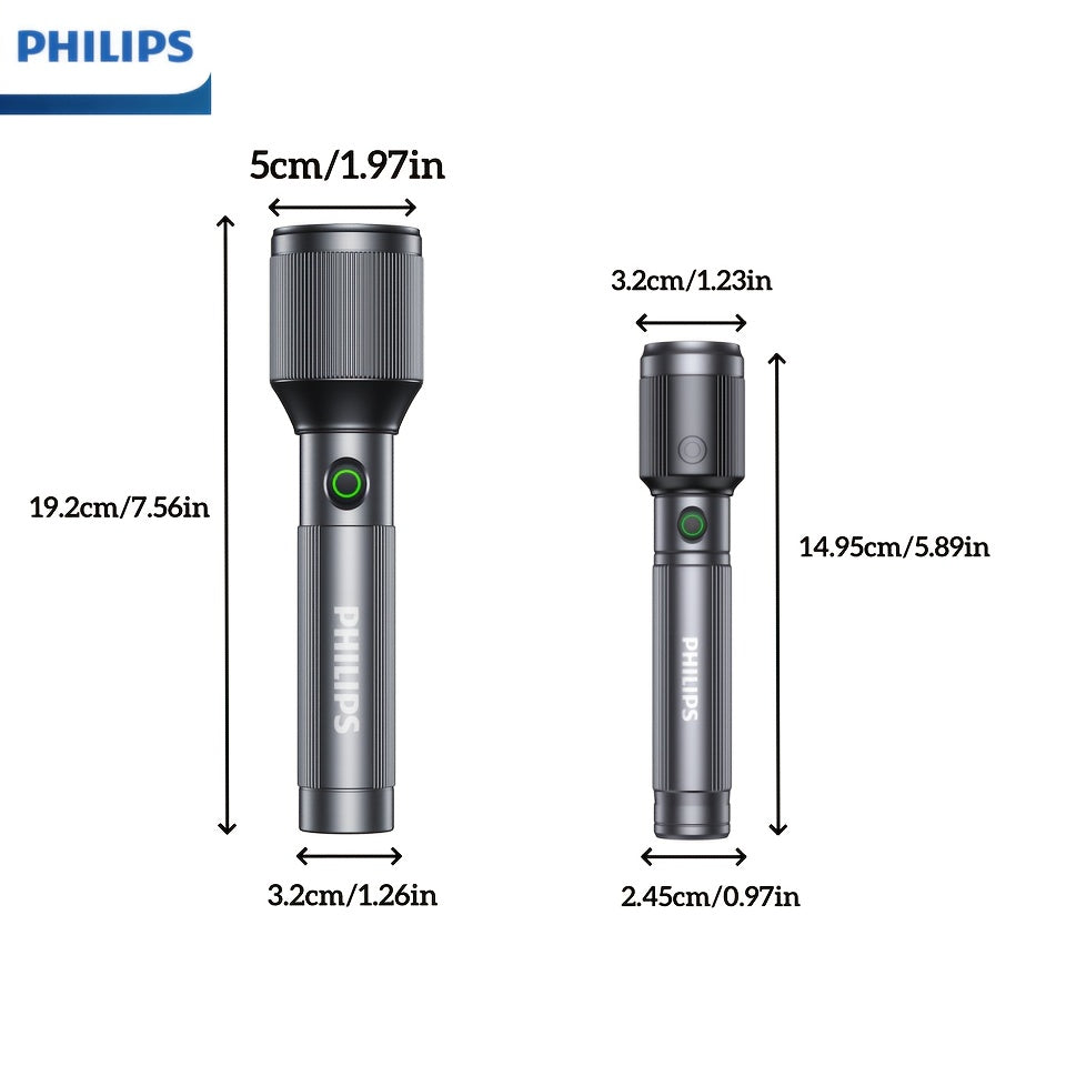 Philips High-Power Zoomable Direct-Charging Flashlight, High-Lumen Tactical Torch, 5 Modes: Strong Light/Weak Light/Strobe/SOS/Brightness Adjustment, Long-Lasting Battery, Ideal for Camping, Daily Use