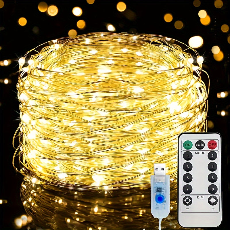 USB灯串 | 66FT 200LED, 33Ft 100 LED, 16.4FT 50LED 变色银丝灯，带8种照明模式遥控器，适用于工艺品卧室天花板圣诞装饰，彩色铜丝灯，USB供电，包含纽扣电池
