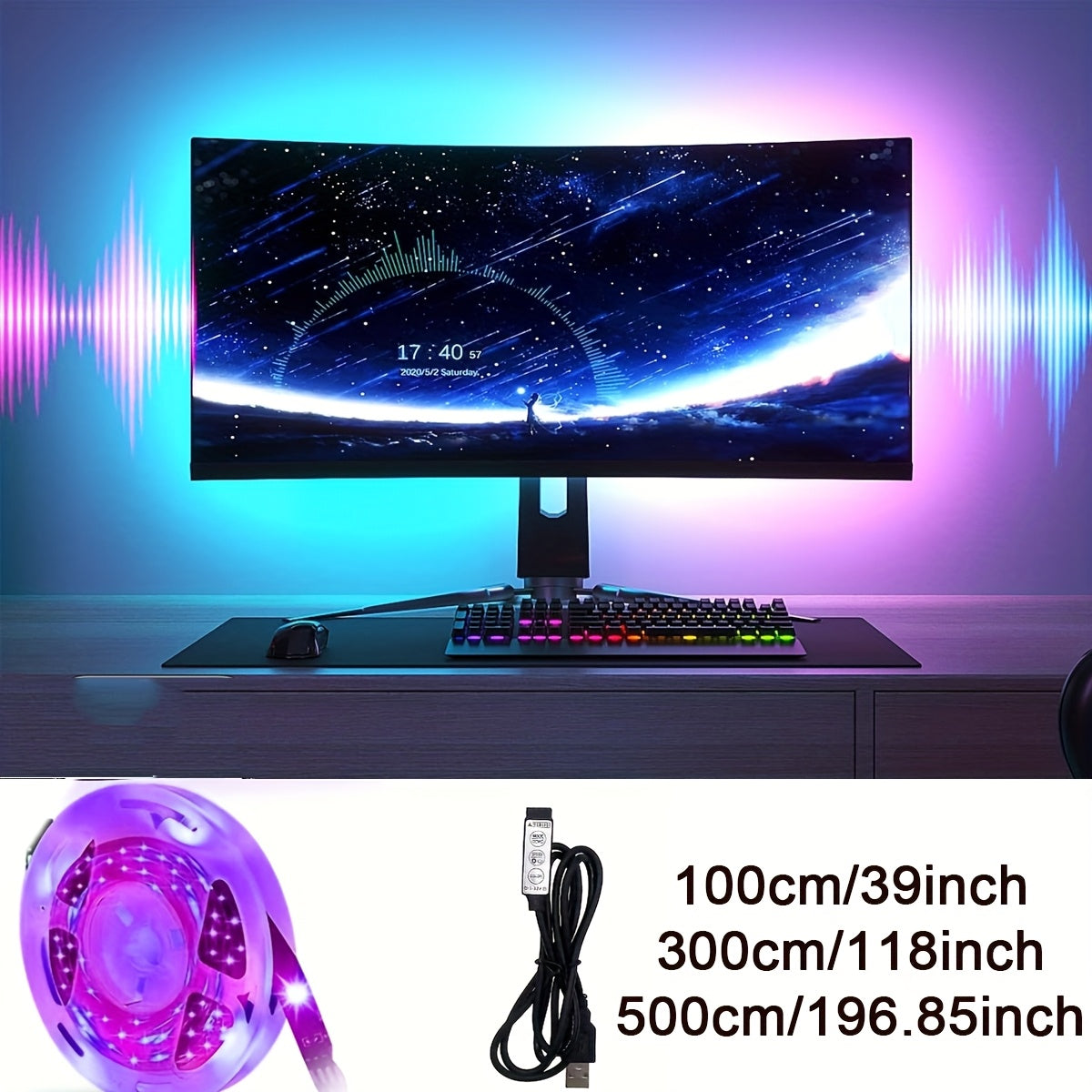 1个LED电视背光灯条，尺寸可选39英寸、118英寸和196.85英寸。这款USB LED灯条专为电视和显示器背光设计。