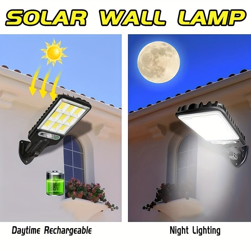1 Smart Motion Activated Solar Light, Perfect for Commercial Streets and Areas, High Brightness LED Solar Wall Lighting, Rechargeable COB Street Light, with Three Outdoor Decorative Lighting Modes for Deck Security Purposes