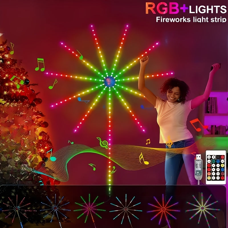 RGB 智能烟花灯带，遥控器控制，多种灯光模式，音乐同步RGB ，梦幻色彩LED灯条USB接口供电 – 适用于室内派对、圣诞装饰、智能家居装饰氛围，节日送礼的完美选择