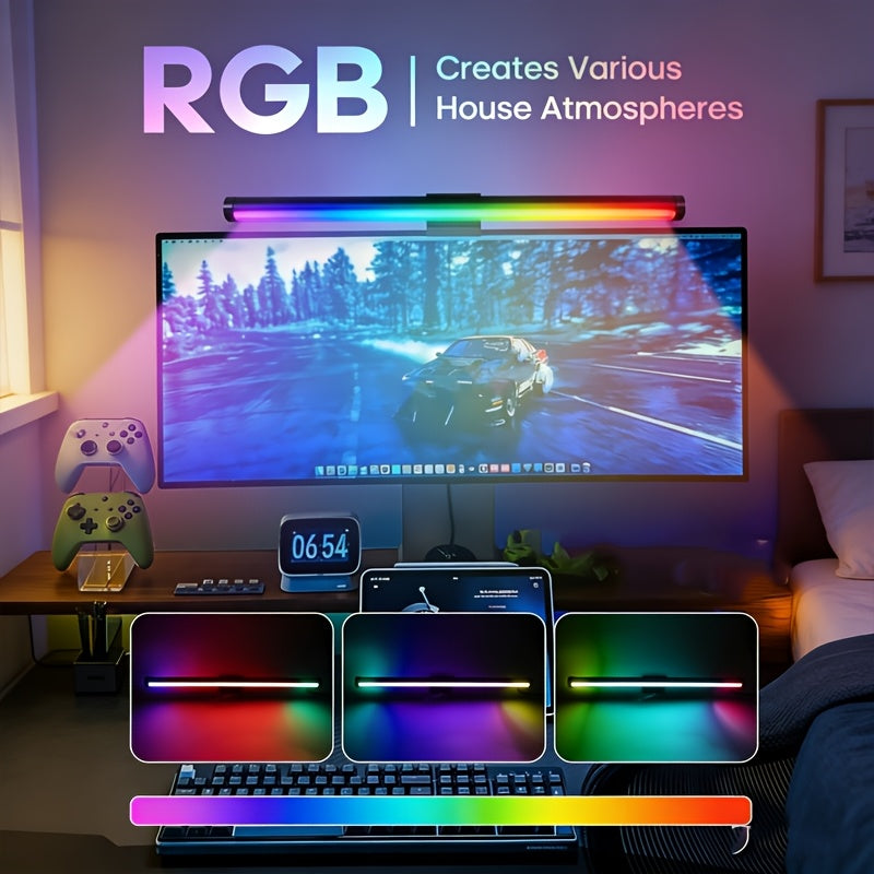 15.57-inch RGB dual-sided screen light, USB screen ambiance light, lighting tube, desk lamp, three-color adjustable, RGB幻彩, five-button USB wired control, 45-degree adjustable angle, eye-protection light, reading light, cool lighting modes