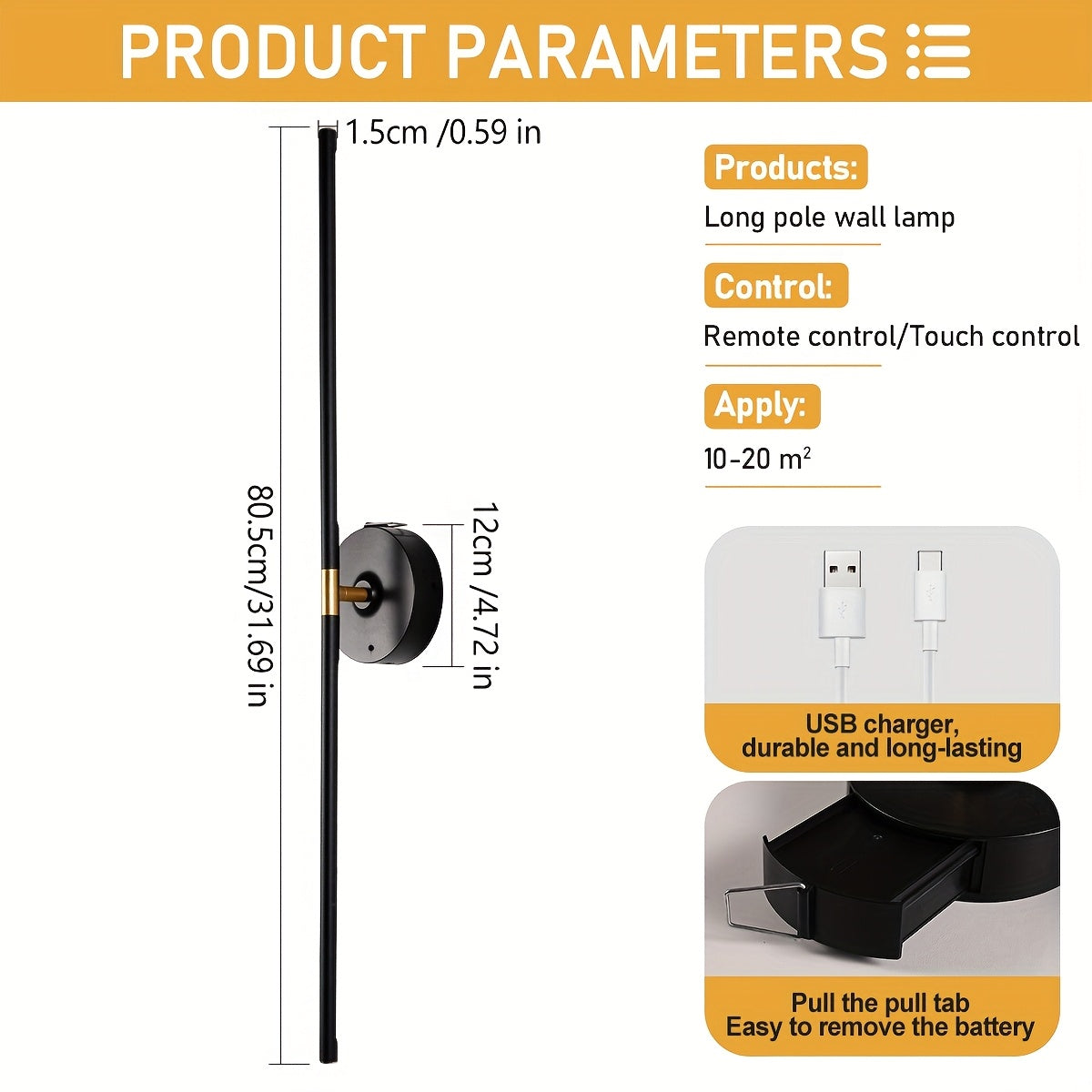 /2-Piece Modern Black Gold Cordless Wall Light with Remote Control and USB Charging, Rechargeable Lithium Battery Powered (No Plug-In Required), Stepless Dimming Sleep Mode and Memory Function, 3-Color Stepless Dimming