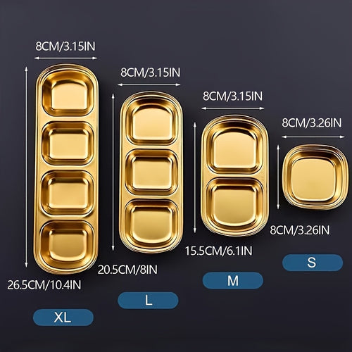 1Pc Golden Compartment Stainless Steel Sauce Plate, Dinner Plate, Salt Vinegar Sugar Seasoning Dipping Bowl