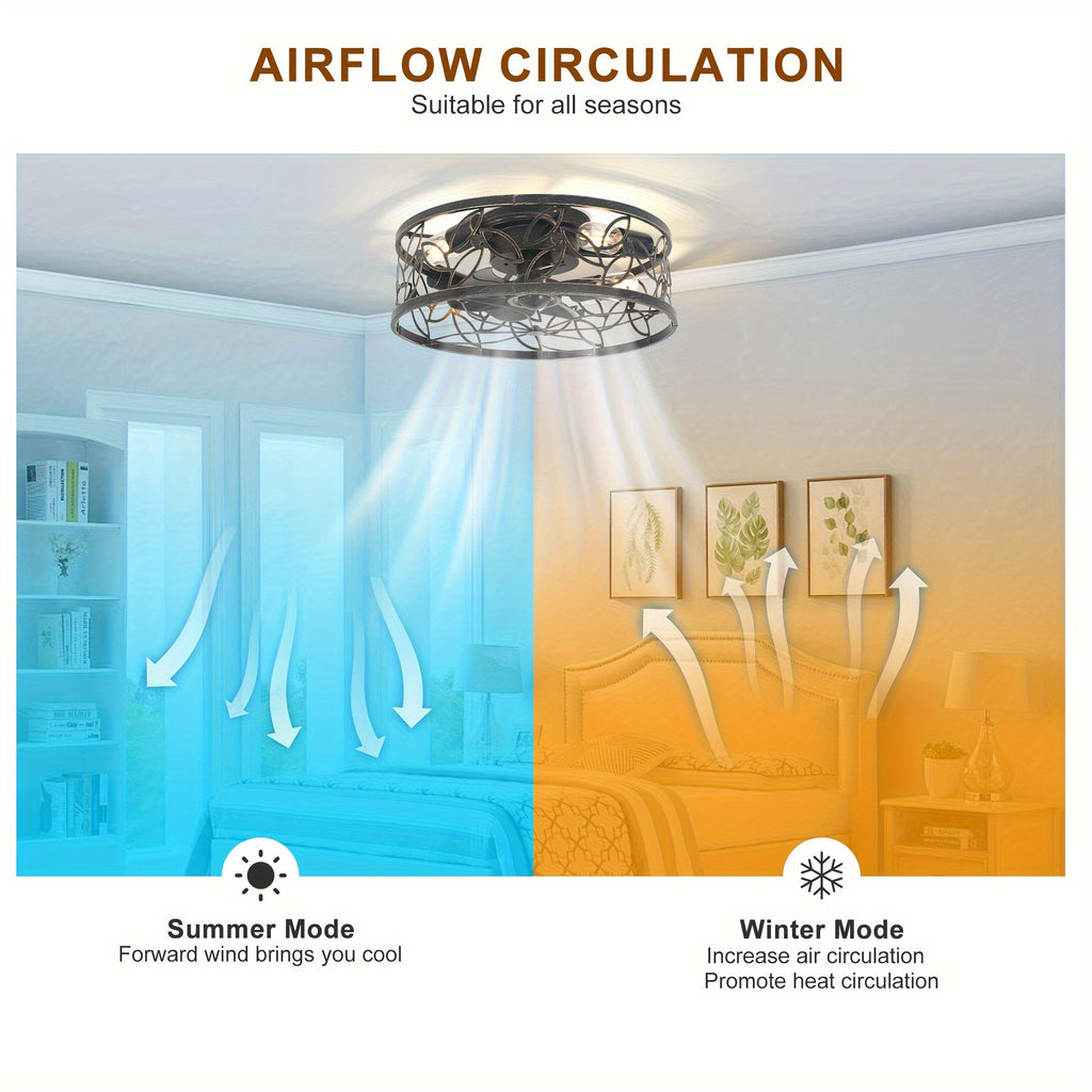Enncll Farmhouse Ceiling Fan with Light and Remote, 18 Inch Black Caged Bladeless Ceiling Fan Light, Flush Mount Fixture for Kitchen and Bedroom