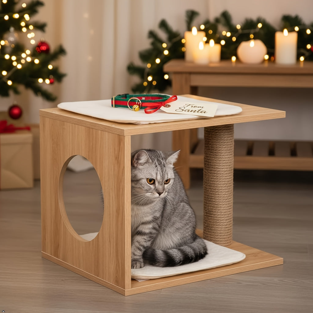 1个木制现代猫树和猫公寓 - 木制室内猫屋，舒适猫床，高架平台和集成猫抓柱 - 时尚猫咪家具