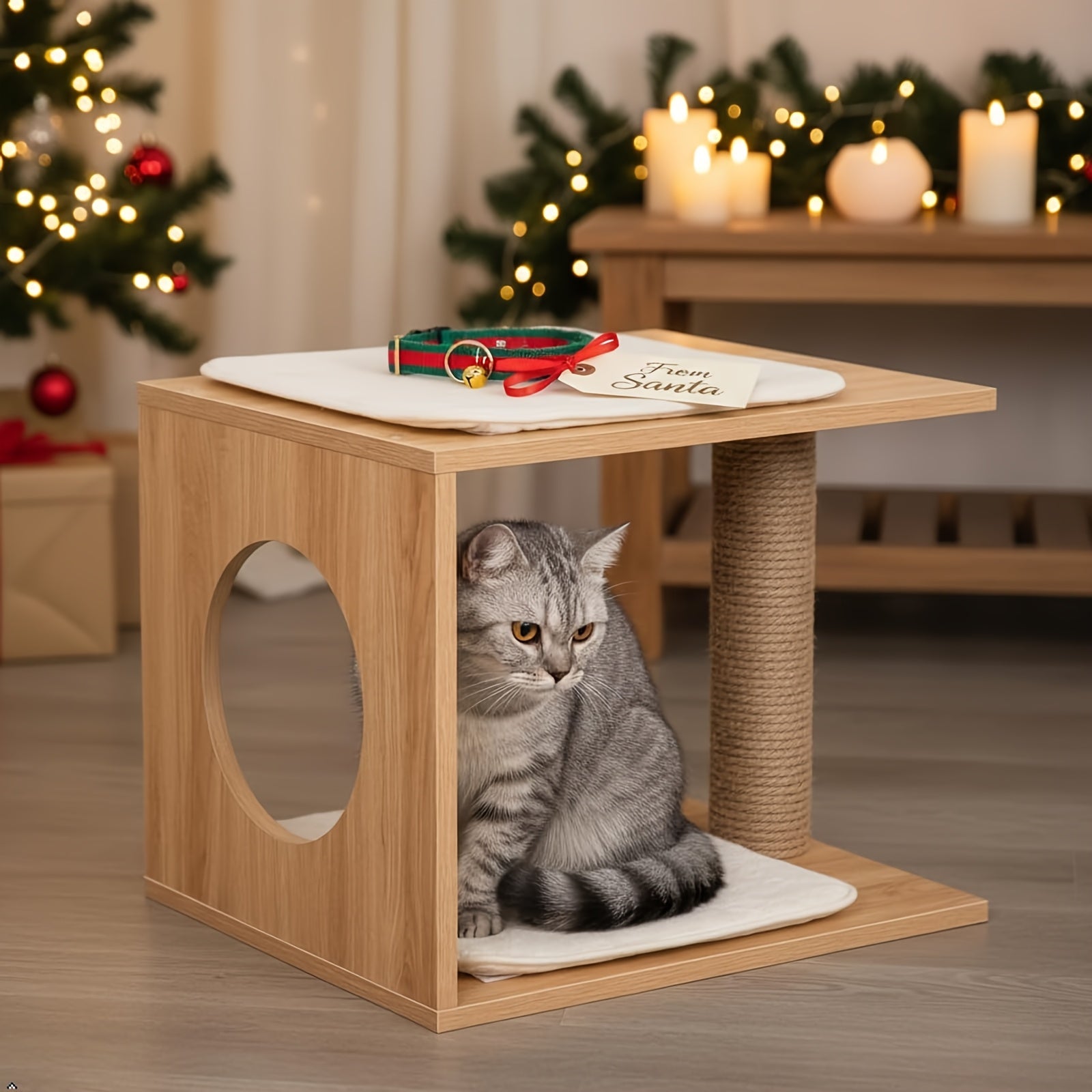 1个木制现代猫树和猫公寓 - 木制室内猫屋，舒适猫床，高架平台和集成猫抓柱 - 时尚猫咪家具