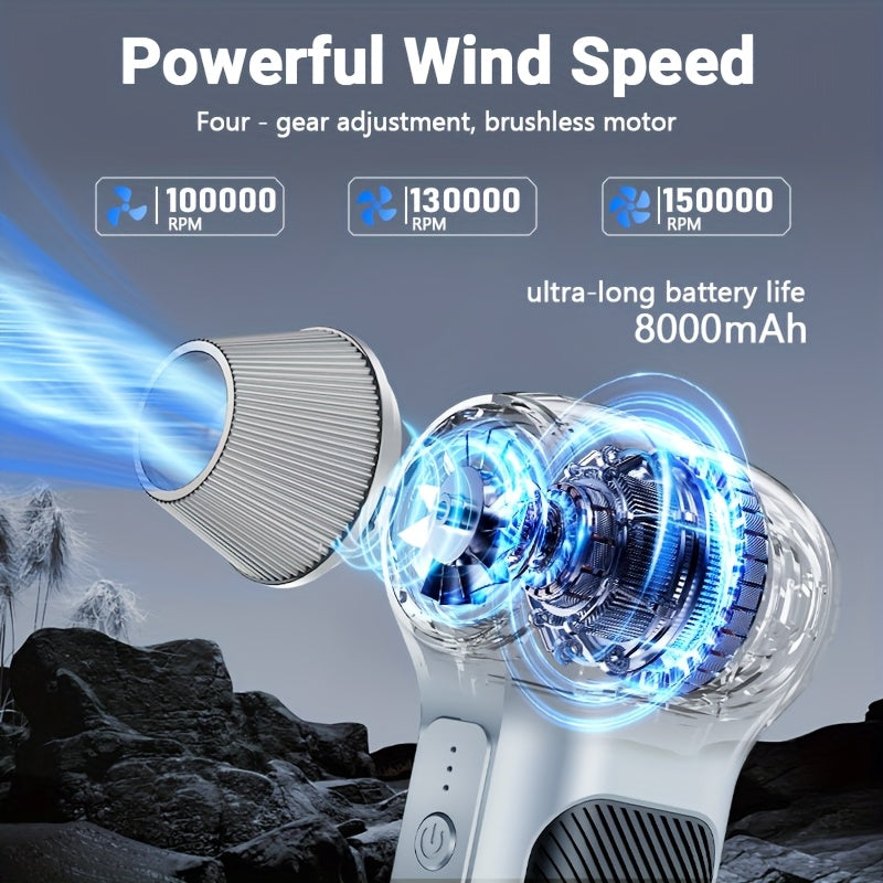 High Power Compressed Air Duster - 100000/130000/150000 RPM Multi Speed Adjustment - 8000mAh Powerful Fan | Cooling Handheld Turbo Fan for Dust Removal, Snow Clearing, Camping, Keyboard Cleaning, Car Detailing, Men Mini Tool Gift