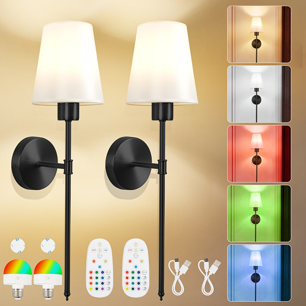 Wall Light Battery Operated Wall Light Set, Black/Gold Wireless Wall Light with Remote Control, 9 Color Modes Rechargeable Wall Light, Suitable for Bedroom Living Room, 2-Pack
