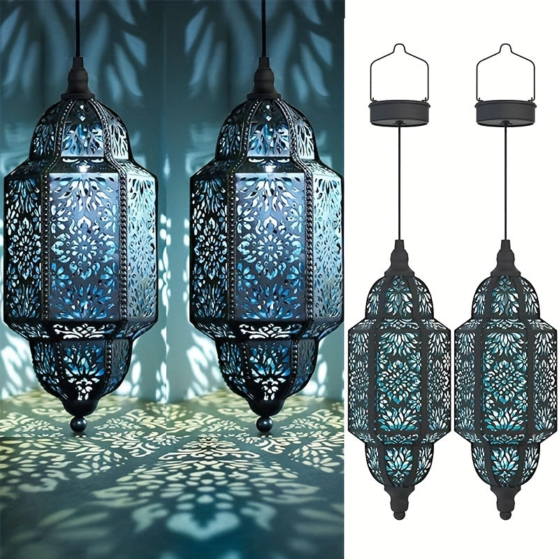 2-Piece Outdoor Solar Lantern, Colorful Moroccan Style Design, IP54 Waterproof Rating and Carved Patterns, Perfect for Decorating Garden, Patio, Walkway, or Halloween.