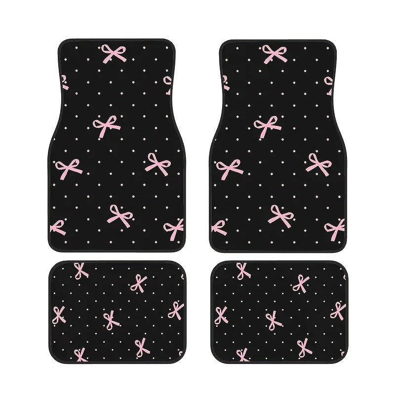 4-Piece Pink Bow Car Floor Mat Set - Durable Polyester Material, Easy to Clean, Front & Rear Seat Protection, All-Weather Use, Fits Trucks, Cars, SUVs, Perfect Gift