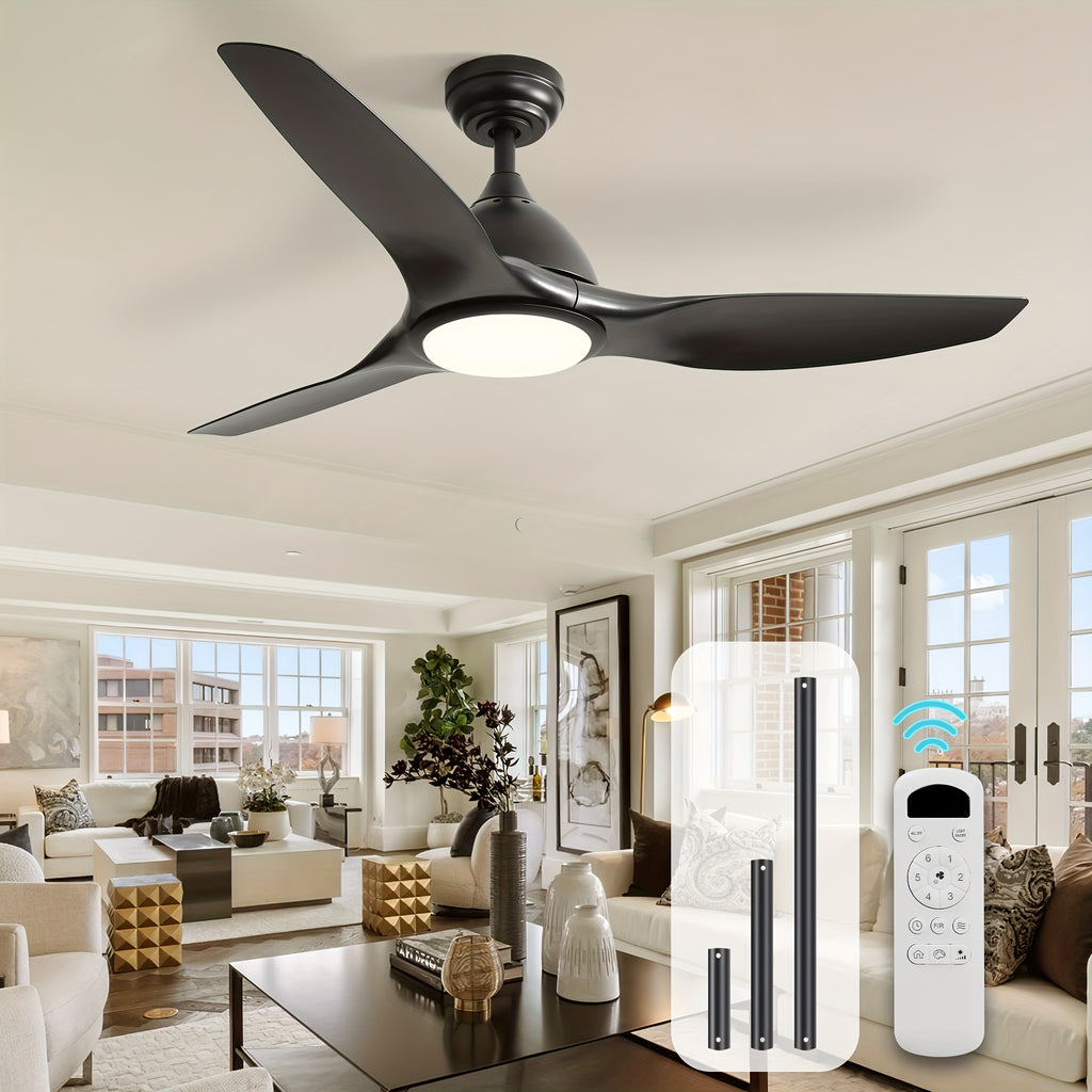 Sofucor 52-Inch Black Ceiling Fan, 3 Blades, 22W Dimmable LED Light, Memory Function, Reversible 6-Speed DC Motor, Ideal for Bedroom, Kitchen, Living Room