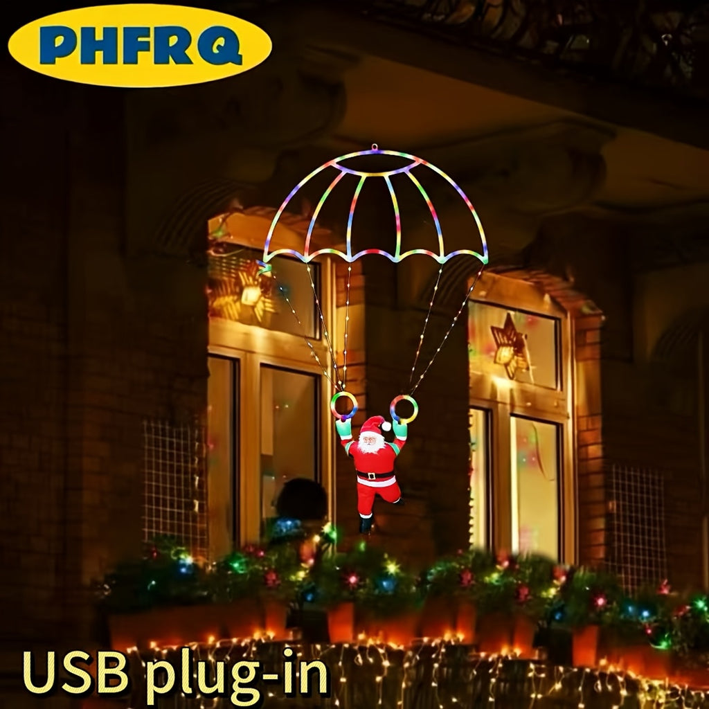 PHFRQ - 創意聖誕降落傘聖誕老人裝飾燈 - USB供電，具備8種燈光模式，非常適合在您的庭院或窗戶裝飾中營造節慶氣氛，色彩繽紛的燈光，聖誕裝飾和家居裝飾的必備品