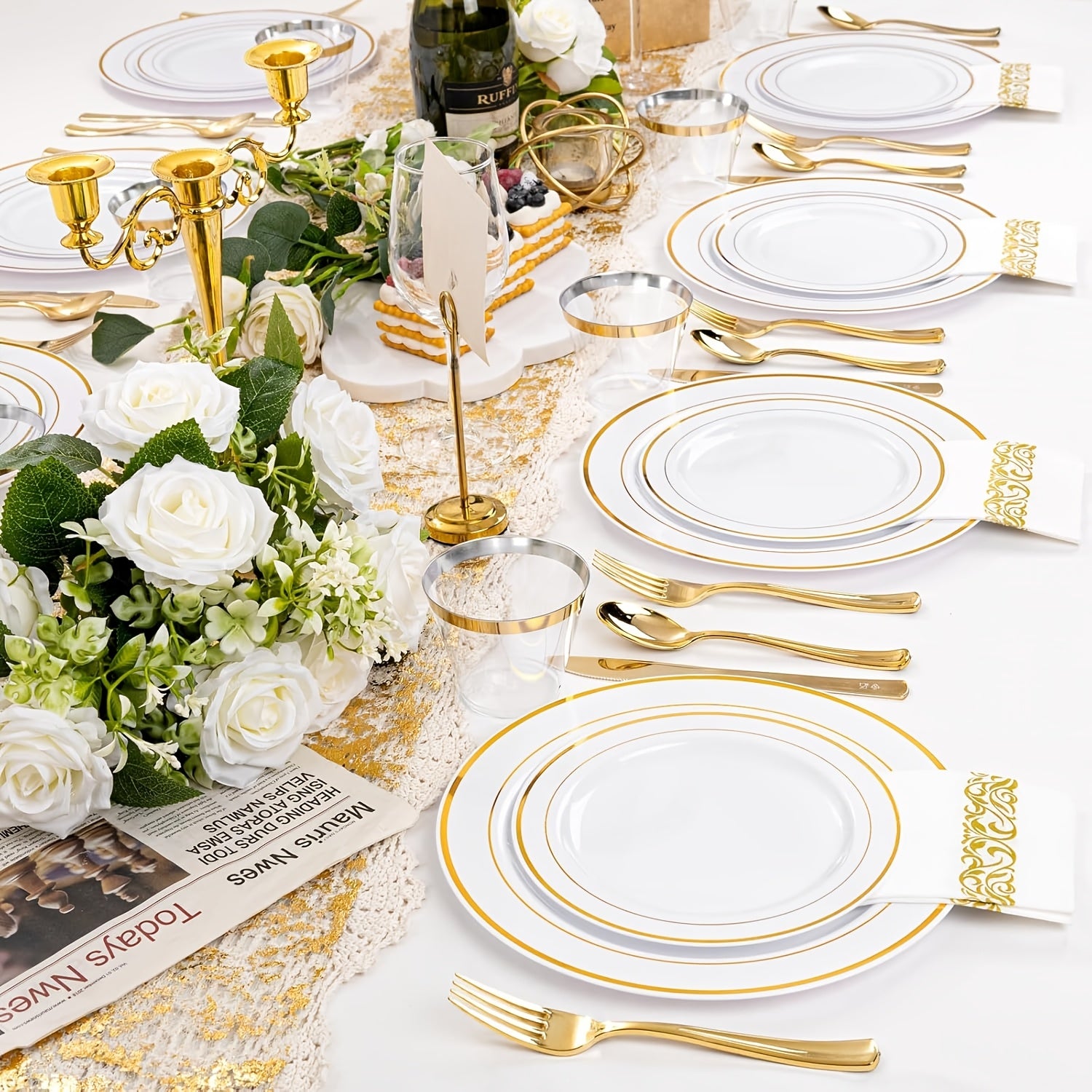 300-Piece Plastic Silver Plates – White & Silver Disposable Plate Set Includes 60 Dinner Plates, 60 Dessert Plates, 60 Forks, 60 Spoons, 60 Knives