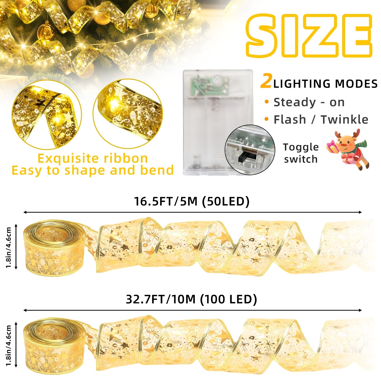 100/50LED 圣诞仙女串灯，2种模式，金色闪烁LED灯带，电池驱动，圣诞树装饰灯，柔软弯曲，适用于家居卧室、花园庭院、生日派对、节日照明