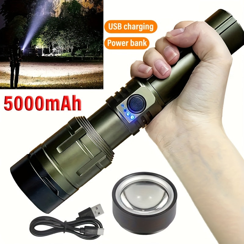 Lihangxing 5000mAh USB-C Rechargeable Tactical Flashlight - 500 Lumens Super Bright LED, Telescopic Zoom Up to 1968.5 Inches, Durable Aluminum Alloy Structure, Comes with Storage Box and Charging Cable