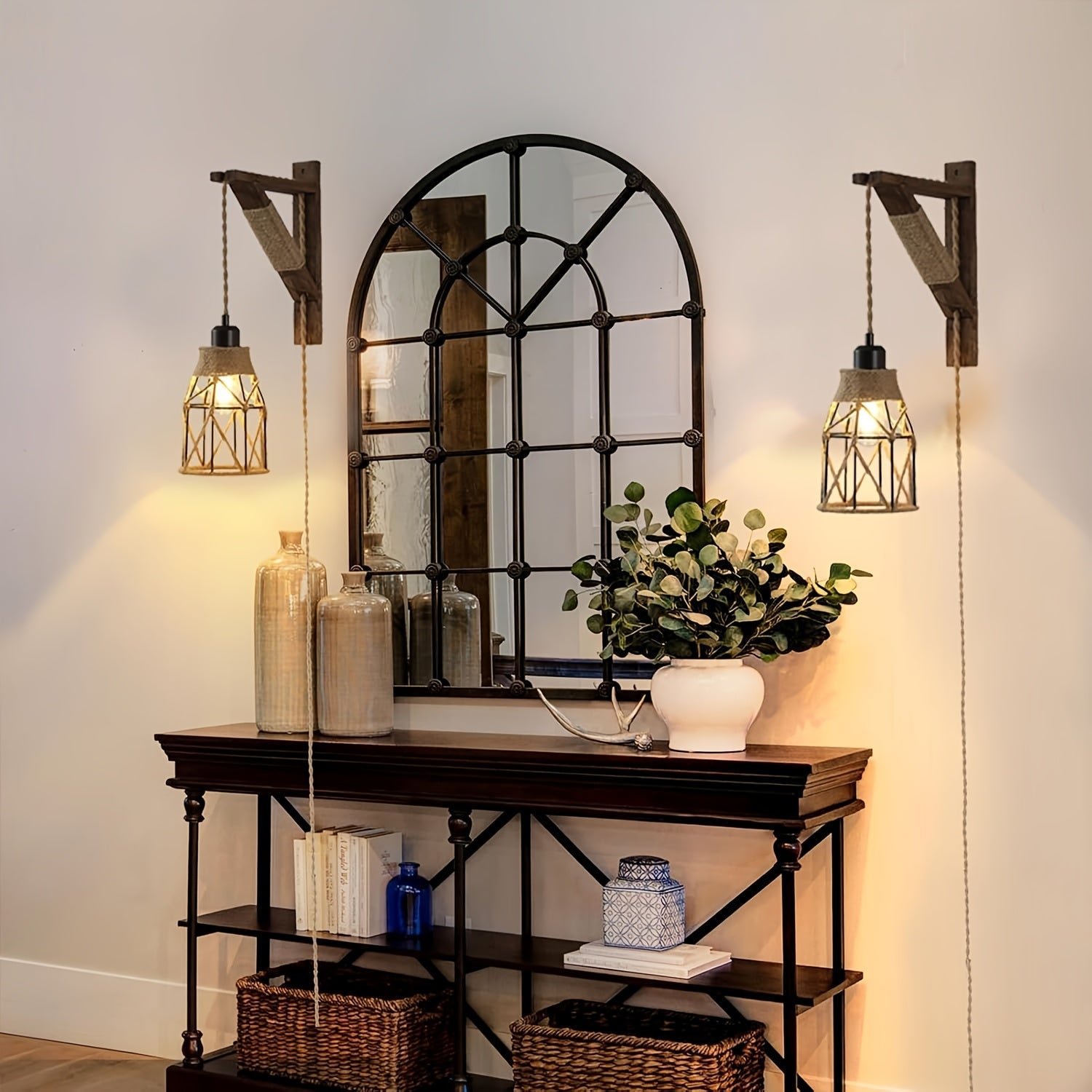 Two-Piece or One-Piece Plug-In Wall Light Without Wiring - Farmhouse Style Metal Cage and Wood Bracket Bedside Lamp, Suitable for Bedroom Headboard (Easy-to-Install Barn Light Decor) (Bulb Not Included)