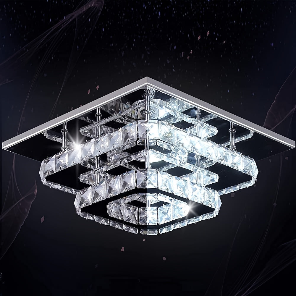 Crystal ceiling light square chandelier modern LED recessed two-layer ceiling light lighting fixture suitable for dining room living room bedroom kitchen hallway hall (cool white light)