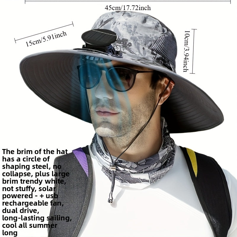Unisex Solar Fan Boonie Hat, Reinforced Steel Wire Brim, 3-Speed Solar Fan with USB Charging, Breathable Cooling Design, Extra Wide Brim for Full Protection, Ideal for Hiking, Travel, Gardening and Outdoor Activities