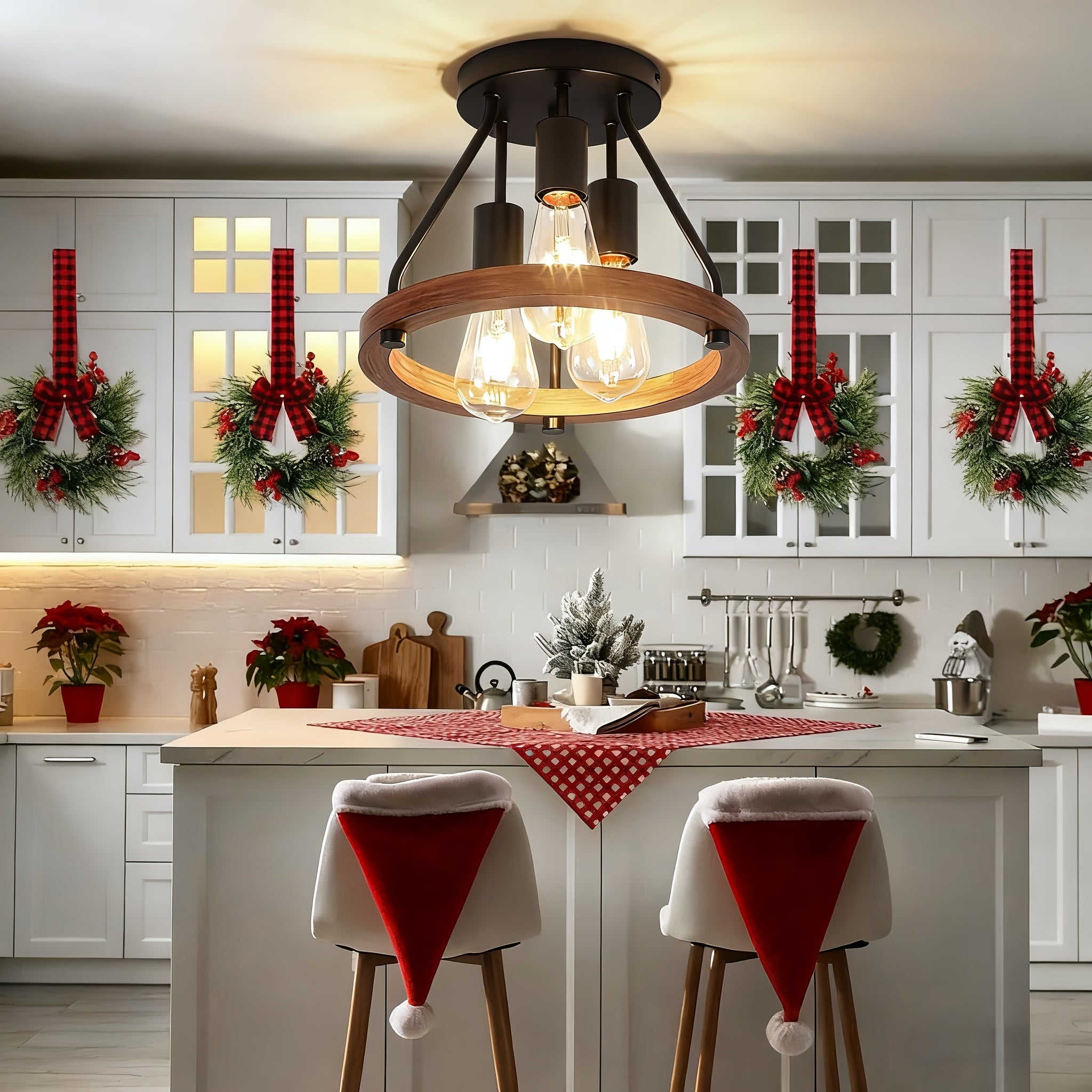 [Christmas Decorative Chandelier] Rustic Style 3-Light Pendant Light - Semi-Flush Mount Installation, Suitable for Hallway, Bedroom and Kitchen Decor, Modern Farmhouse Style Light Fixture, Living Room Chandelier (Bulb Not Included)