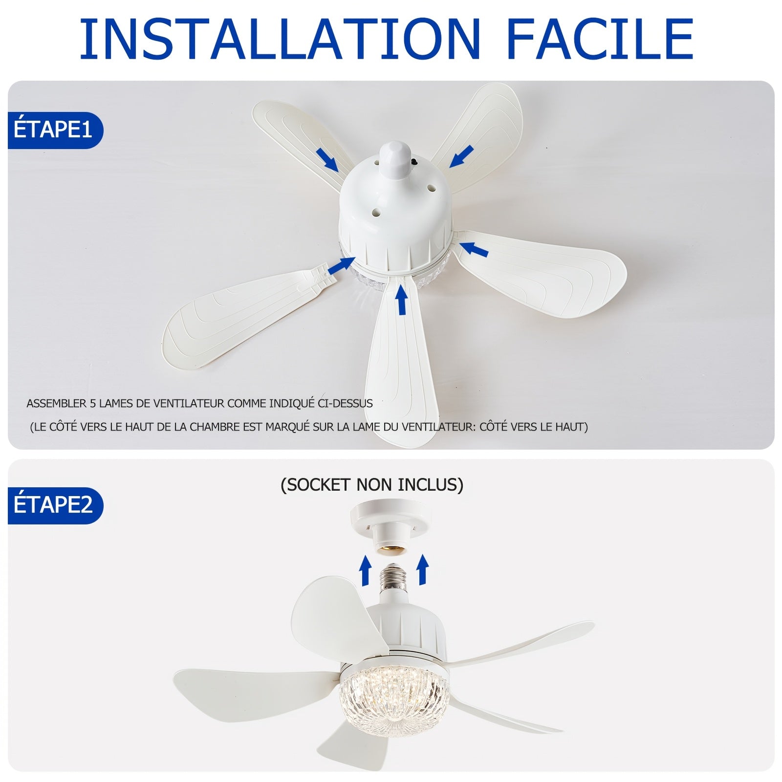 1/2 Pack Christmas Light Socket Ceiling Fan, Plug-in E27/E26 Fan Bulb with Remote, Mini Ceiling Fan 3 Speed Dimmable LED Light, Socket Fan for Kitchen Bedroom Small Rooms