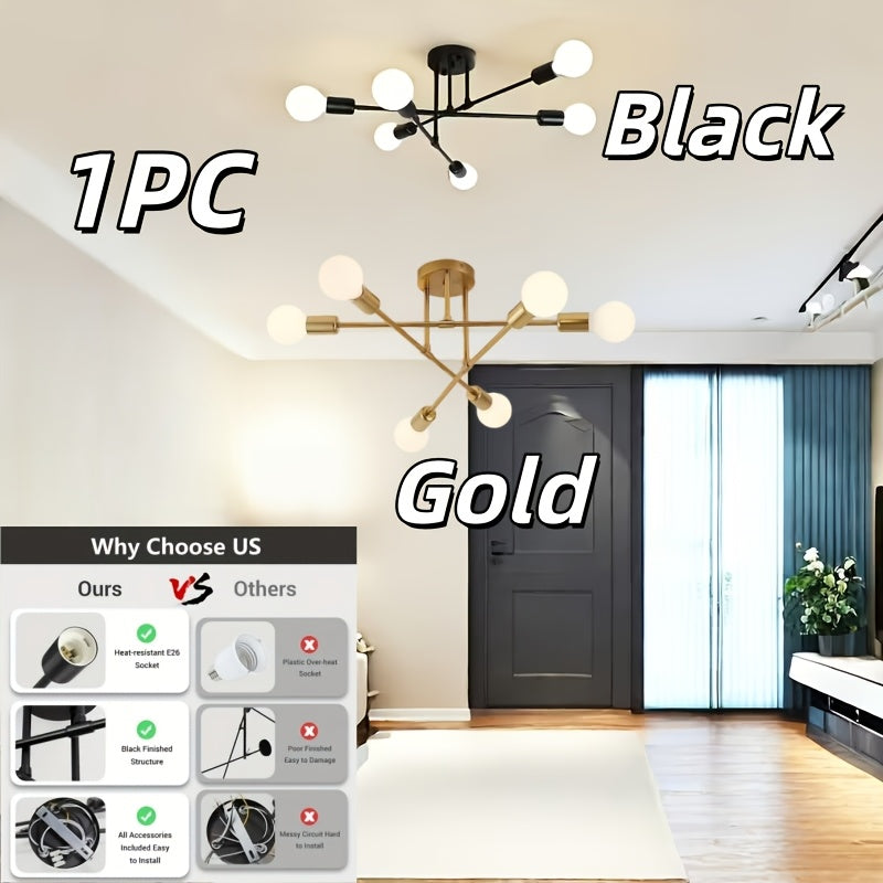 Modern Industrial Style Sputnik Pendant Light - Semi-Flush Mount, Easy Installation, 120V E26 Bulb Base Hardwired (Bulb Not Included), Suitable for Dining Room, Living Room, Kitchen, etc.