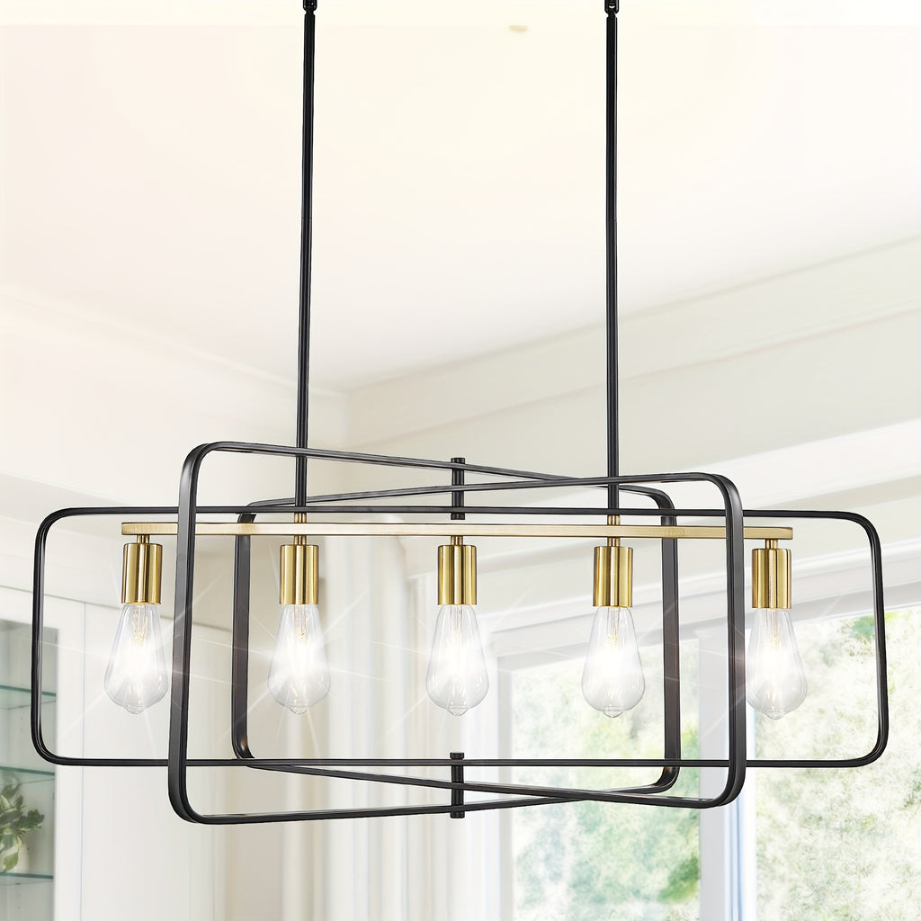 Modern farmhouse style 5-light pendant light, 34-inch rotatable rectangular kitchen island pendant light