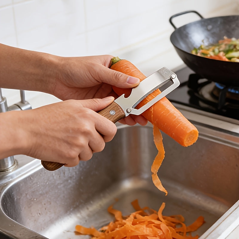 2-Piece Kitchen Vegetable Peeler & Bottle Opener with Wooden Handle – Non-Slip Ergonomic Handles, Stainless Steel Blades, Kitchen Tool for Peeling Vegetables or Fruits/