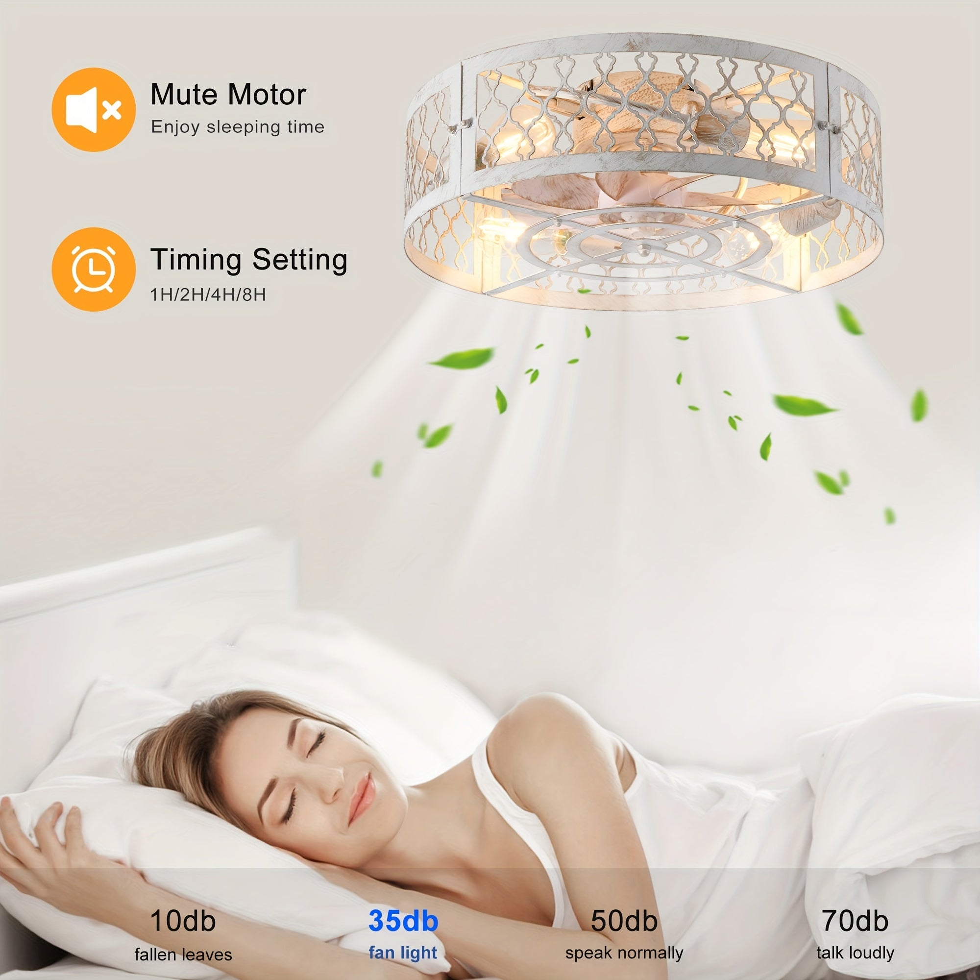 Qcyuui 20 Inch Ceiling Fan with Light - Remote Control, Leaf Design, Farmhouse Style, White and Gold Finish, Semi-Flush Mount, Polished Metal Shade, Infrared Sensor, 110V, Ideal for Bedroom & Dining Room