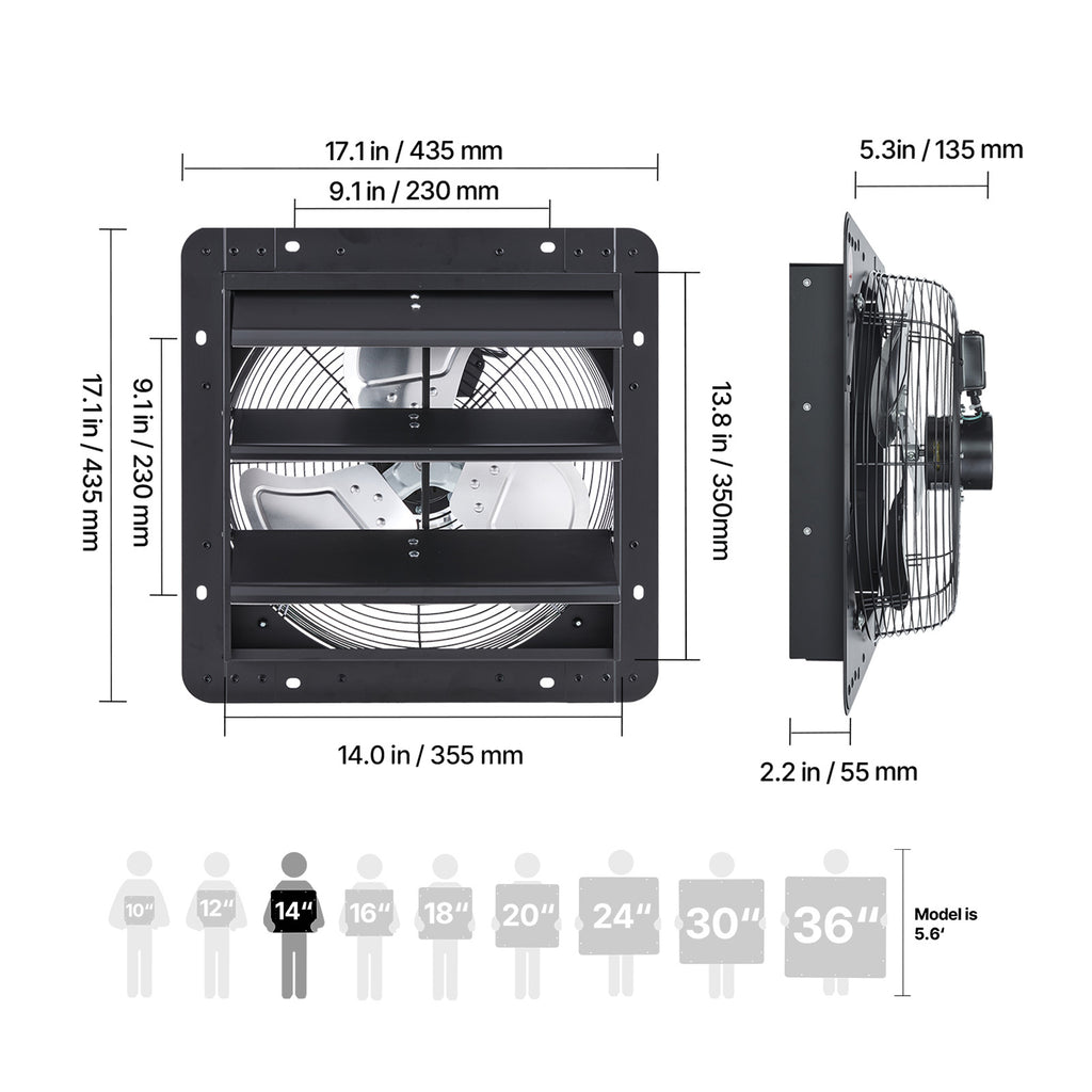 VEVOR 10/12/14/20/24 Inch Window Shutter Exhaust Fan, Wall Mounted Attic Vent Fan with Variable Speed Controller, AC Motor, Heavy Gauge Steel, Low Noise, Black, Ideal for Shed Garage Greenhouse Ventilation Cooling